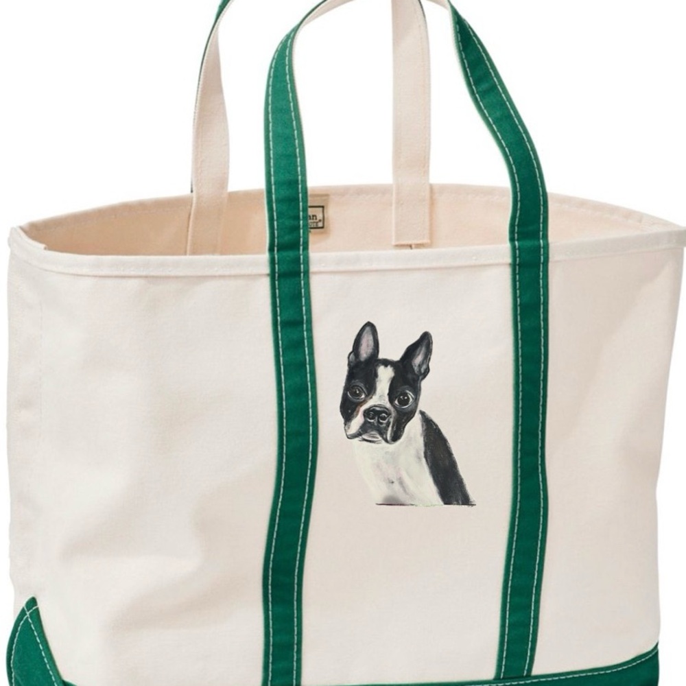 Hand painted pet portrait dog LLBean canvas boat and tote bag